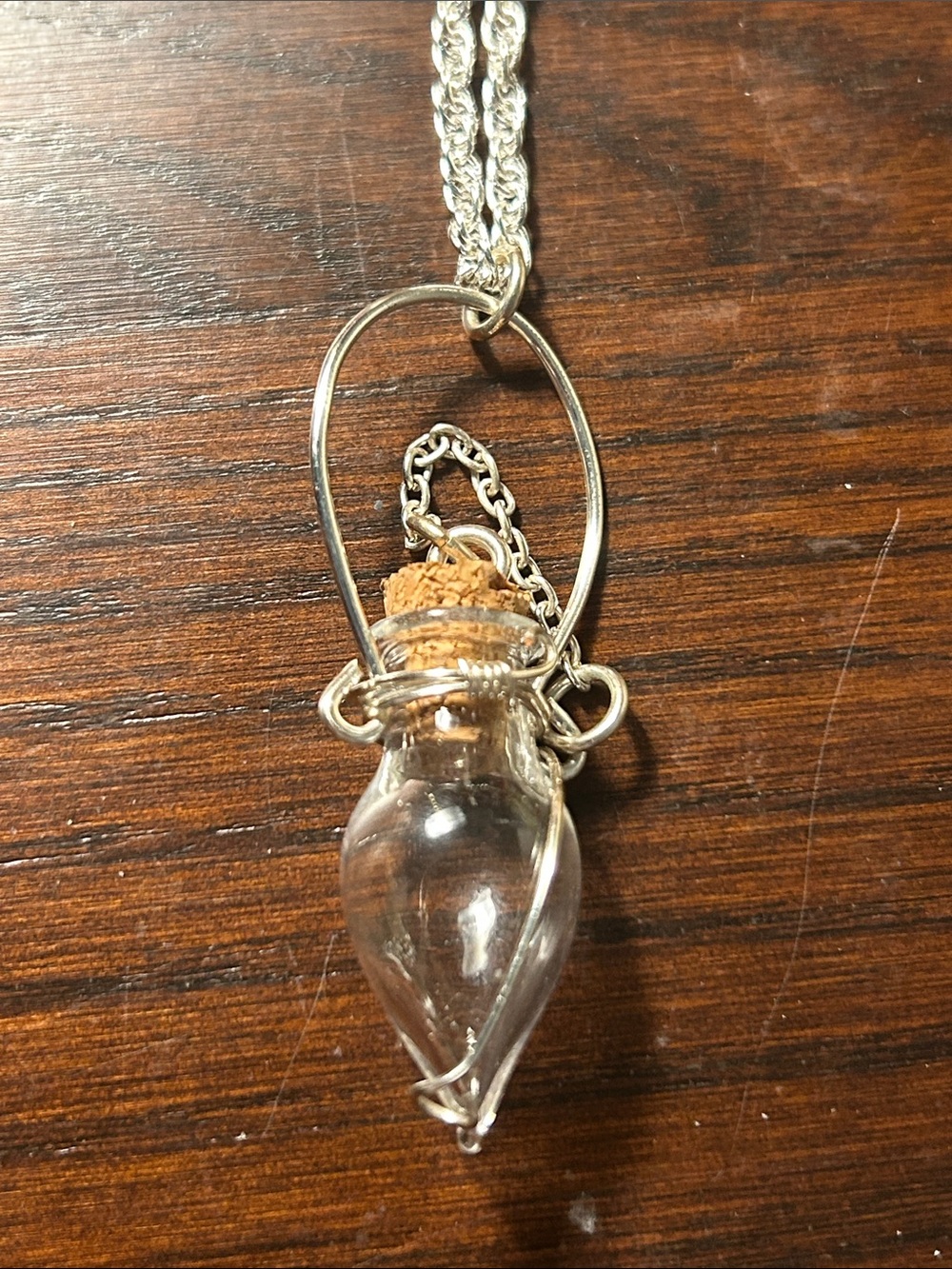 Silver Wire Wrapped Glass Vial Pendant Necklace with Cork - Clear